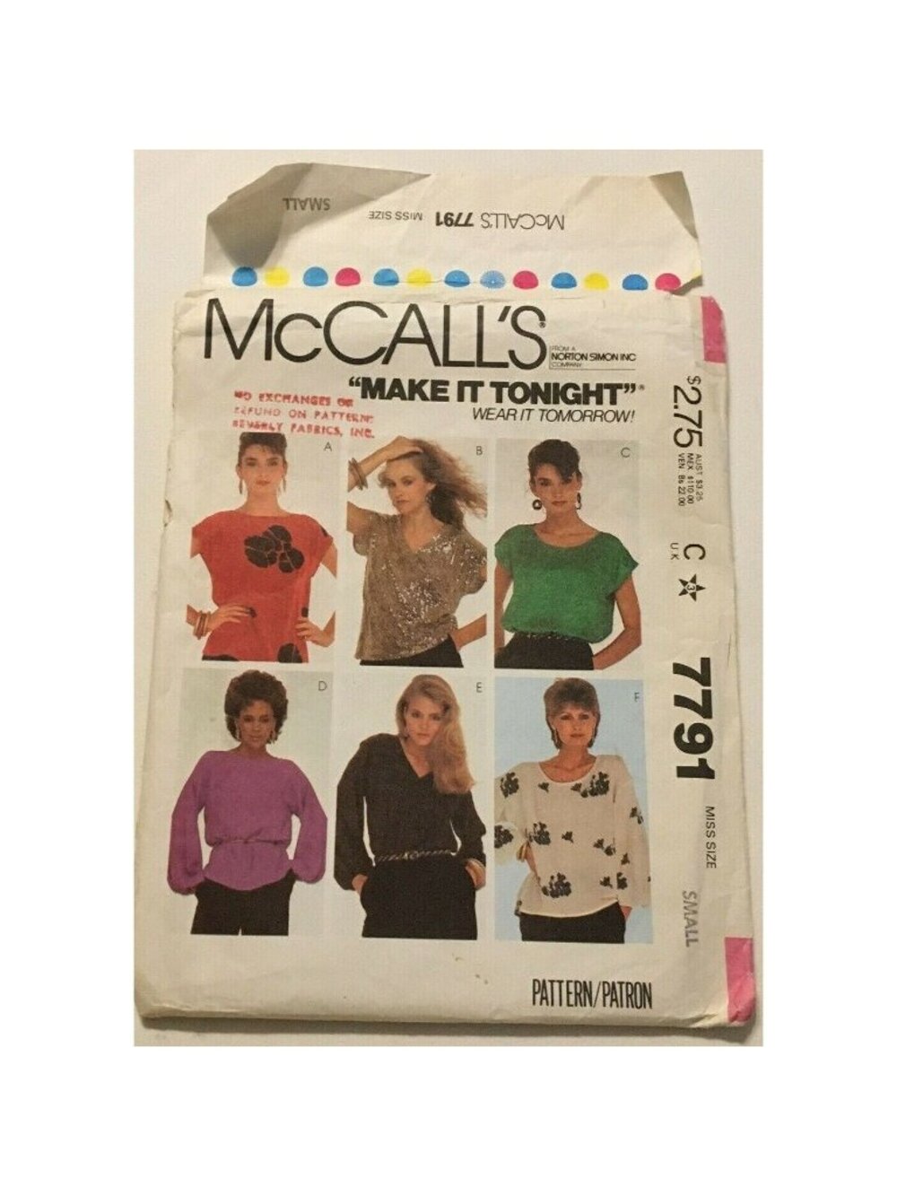 Vintage Sewing Pattern McCalls 7791 Misses Tops Blouses Size Small 10-12 Uncut
